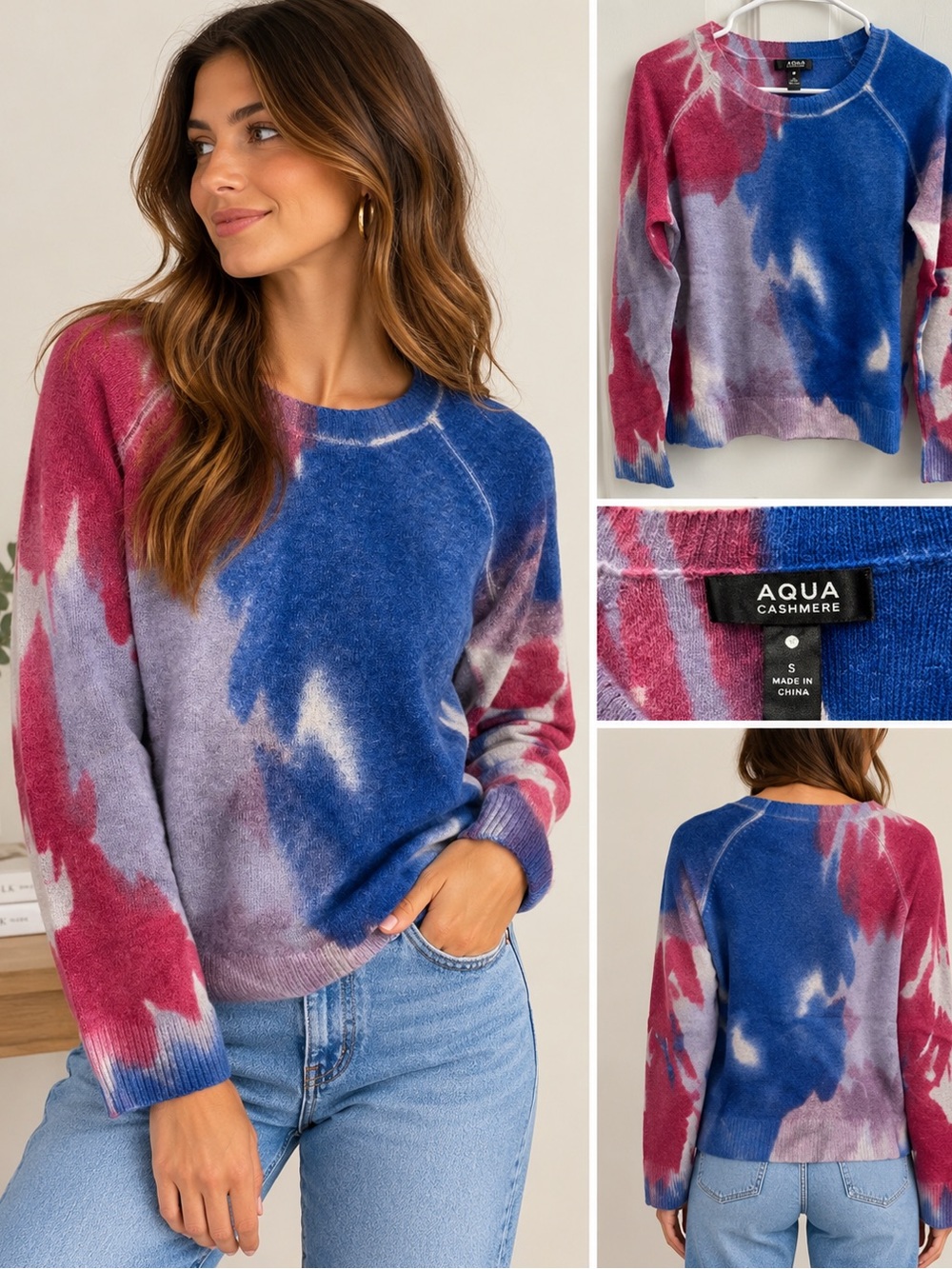 Aqua Women's Cashmere Blue Pink Tie-Dye Sweater